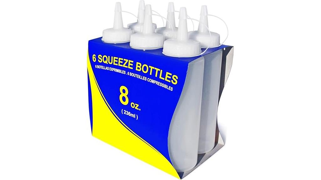six clear plastic squeeze bottles